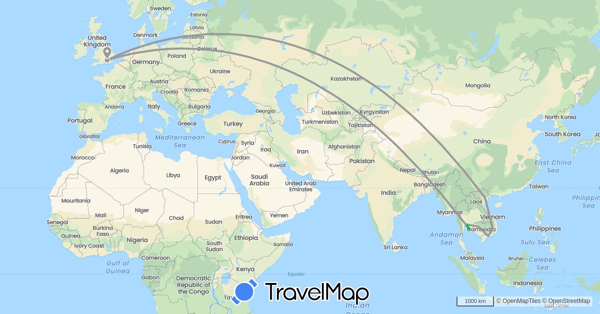 TravelMap itinerary: bus, plane in United Kingdom, Cambodia, Thailand, Vietnam (Asia, Europe)